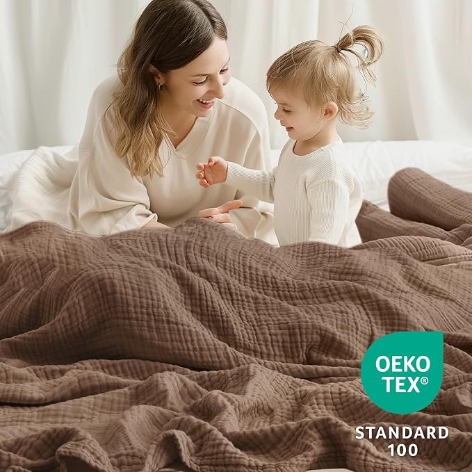 100% Cotton Muslin Blanket California King 120" x 90", 6 Layers Breathable and Lightweight Oversized Blankets for Bed, Soft Cooling Gauze Blanket for Adults All Season, Tan