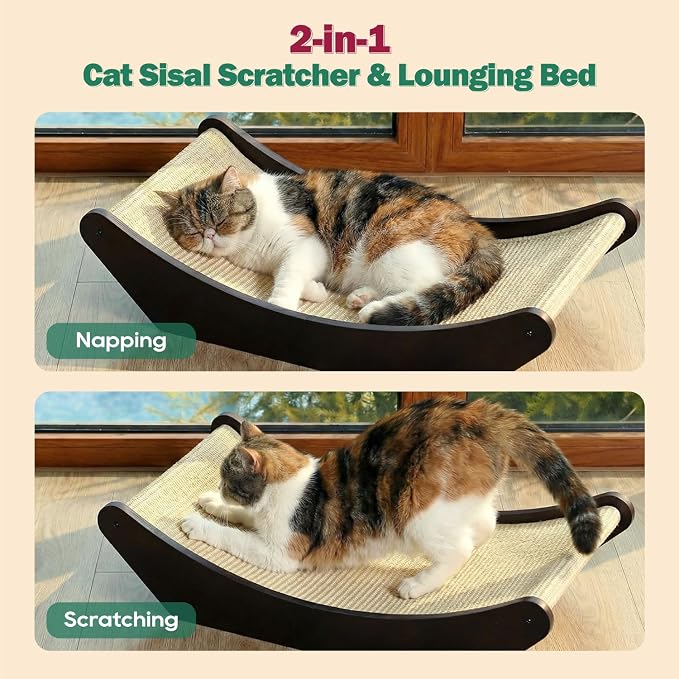 Zakkart Cat Sisal Scratching Bed Hammock, 2-in-1 Cat Scratcher & Lounging Bed, 100% Natural Sisal Mat, Solid Wood Frame, Cat Furniture Protector (Large, Dark Stained)