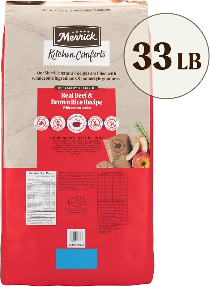 Merrick Kitchen Comforts Premium Adult Dry Dog Food with Ancient Grains, Real Deboned Beef and Brown Rice Dog Food Recipe - 33.0 lb. Bag