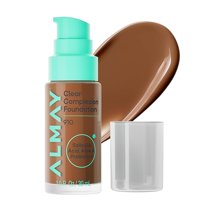 Almay Clear Complexion Foundation, Oil-Free Face Makeup for Acne-Prone Skin, Buildable Coverage, Soft-Matte Finish, Vegan, 910, 1 fl oz
