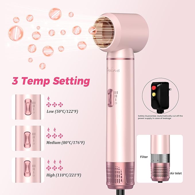 Atopskins 5 in 1 Hair Dryer Brush Set, Hot Air Styler, Detachable Blow Dryer Brush, 3 Heat Settings Auto Curling Wrap Styler, Ionic Hair Styling Tools, Straight Curl Dry Volumiz Smooth (Pink)