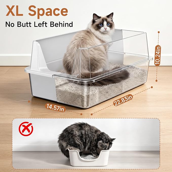 XL Stainless Steel Cat Litter Box with Plastic Enclosure & Scoop | Large Size,High Sided,Easy Clean, Odor Control,Non Stick, Anti-Leak,Open Top