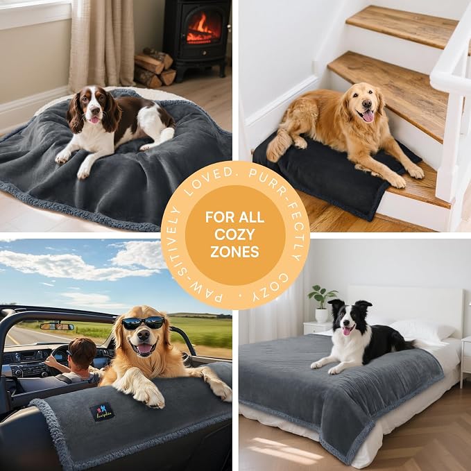 Luciphia Waterproof Bed Blanket Washable, Soft Sherpa Fleece Puppy Reversible Throw Blankets for Medium Large Dog Cat, Furniture Cover Protector Couch Bed from Liquid Pee and Pet Fur, Grey,65" x 57"