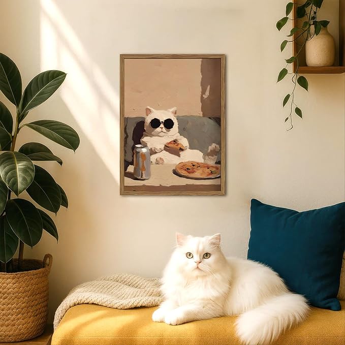 Funny Kitchen Cat Wall Art, Whimsical Animal Wall Decor Painting 3D Textured Sandstone Poster Picture Print Cute Cat Artwork for Bedroom Dining Room Nursery 12x16 inch Wood Framed