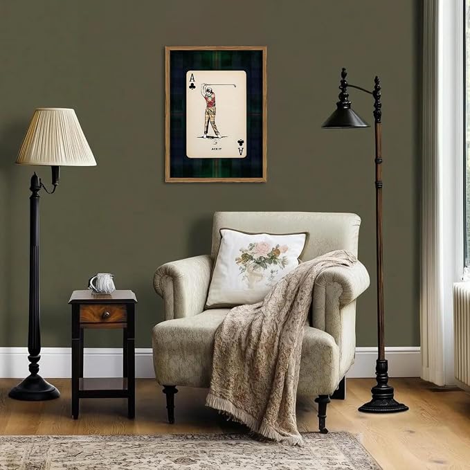 Vintage Golf Wall Art, Playing Card Golfer Sports Wall Decor Paintings Retro Navy Plaid Canvas Prints Picture for Bedroom Living Room Man Cave Country Club 16x24 inch Wood Framed