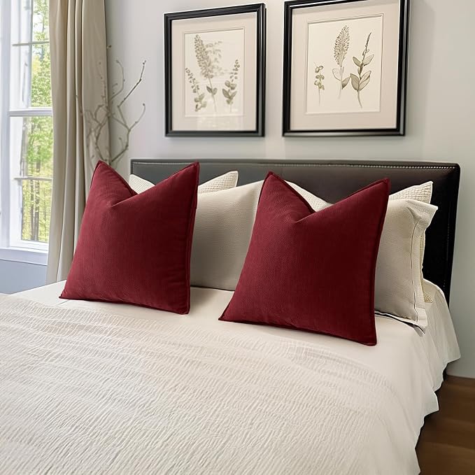 MIULEE Pack of 2 Burgundy Decorative Chenille Pillow Covers 18x18 Inch | Soft Couch Throw Pillows,Farmhouse Cushion Covers with Elegant Design for Sofa,Bedroom,Living Room,Spring Home Decor