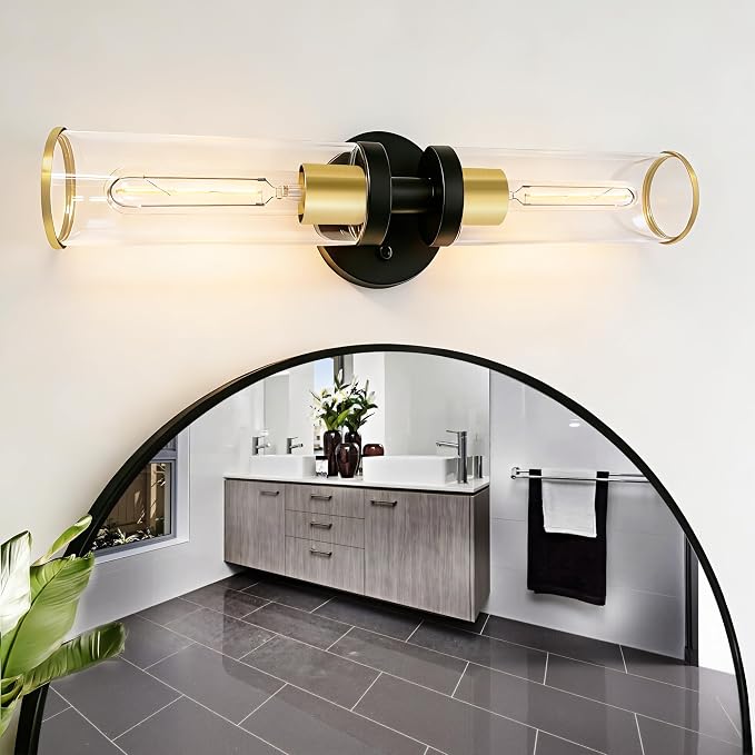 Wall Sconces Set of Two, Black and Gold Bathroom Wall Sconces with Clear Glass,Hardwired Modern Sconces Wall Decor Set of 2 Wall Light for Bathroom Mirror Bedroom Living Room Hallway Vanity