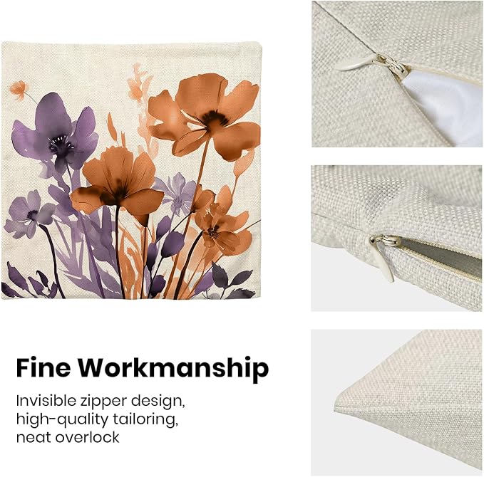Floral Pillow Covers 18x18 Inches Set of 2 Fall Purple Orange Floral Throw Pillow Covers Outdoor Rustic Summer Flower Decoration Pillowcase Farmhouse Decorative Cushion Cover for Couch Sofa