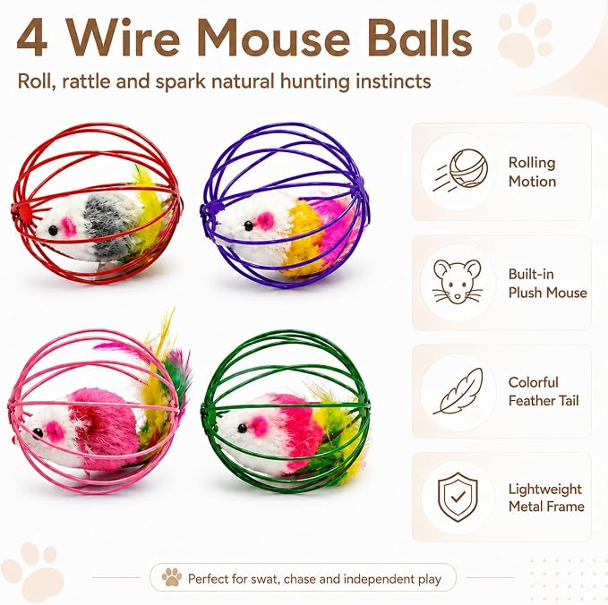 Cat Toys for Indoor Cats, 4 Wire Mesh Mice & 12 Colorful Springs