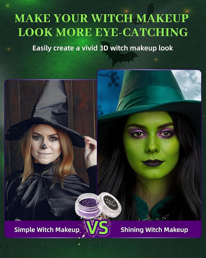 Halloween Green Witch Makeup Kit - Lictin Complete Witch Green Face Paint with Purple Glitter, Professional Witch SFX Make Up Kit for Halloween, Costume, Cosplay, Carnivals for Adults & Kids