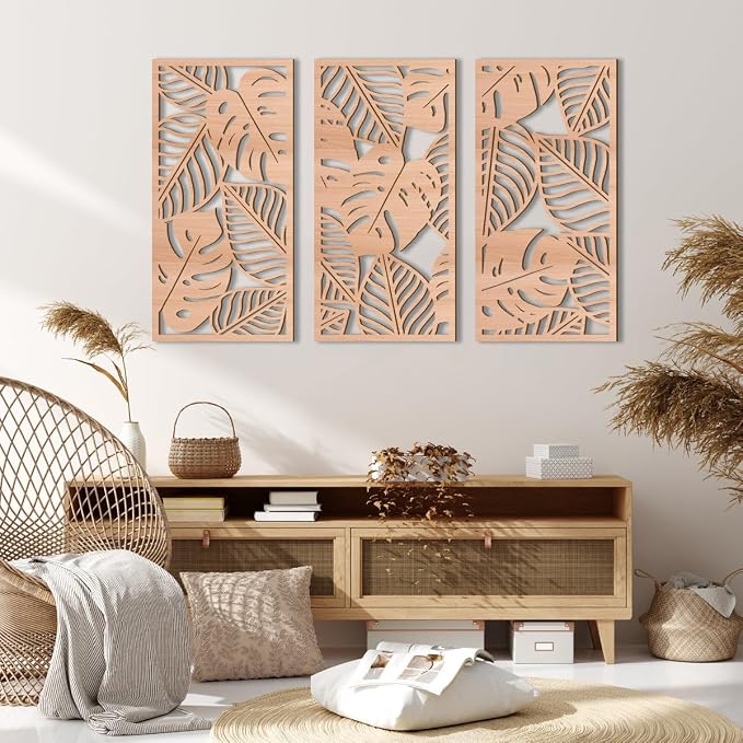 IARTTOP Large Wood Tropical Wall Art 15.9X32 Inch Carved Palm Leaves Wall Decor Coastal Leaf Monstera Plant Wall Sculptures for Living Room Bedroom Set of 3