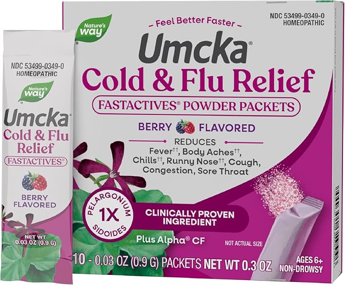 Nature's Way Cold + Flu Relief FastActives, Umcka, Homeopathic, Fever*, Sore Throat, Cough, Congestion, Phenylephrine Free, Non-Drowsy, Berry Flavored, 10 Packets (Packaging May Vary)