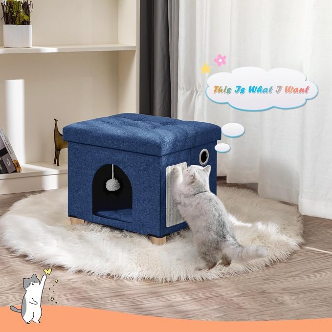BRIAN & DANY Cat Beds for Indoor Cats,Cat Cave House for Kitten with Scratch Board & Ball, 14.7" x 14.1” x 12.7”, Blue