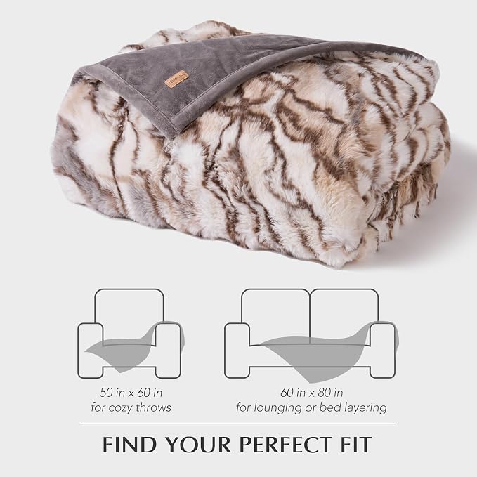 Faux Rabbit Fur Bubble Throw Blanket, 50"x60", Beige & Gray | Ultra Soft, Luxury Faux Rabbit Fur Throw, Thick Warm Bubble Blanket, Cozy Fluffy Reversible, for Bed, Couch, Chair, Sofa