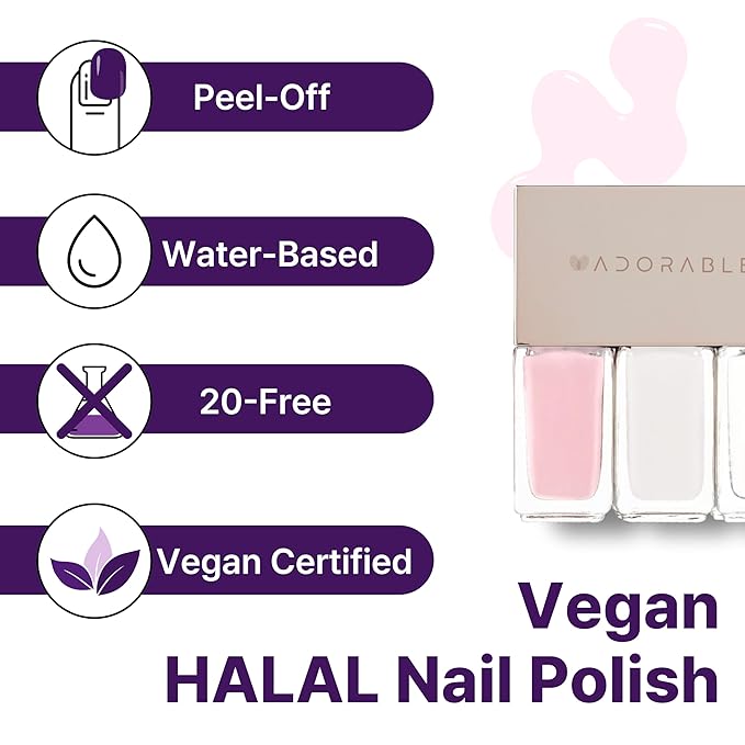Water-Based Halal Vegan Nail Polish 3pc Set – English Rose Pink & Milky White + Clear Top Coat | Breathable, Non-Toxic, Cruelty-Free Nail Polish Gift Set, 0.51 fl oz