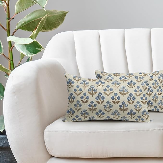 Brown Blue Floral Pillow Covers 12x20 Inch Set of 2, Block Print Lumbar Flower Cream Decorative Throw Pillowcases Outdoor Farmhouse Rectangle Cushion Covers Spring Summer Sofa Couch Bed Decor