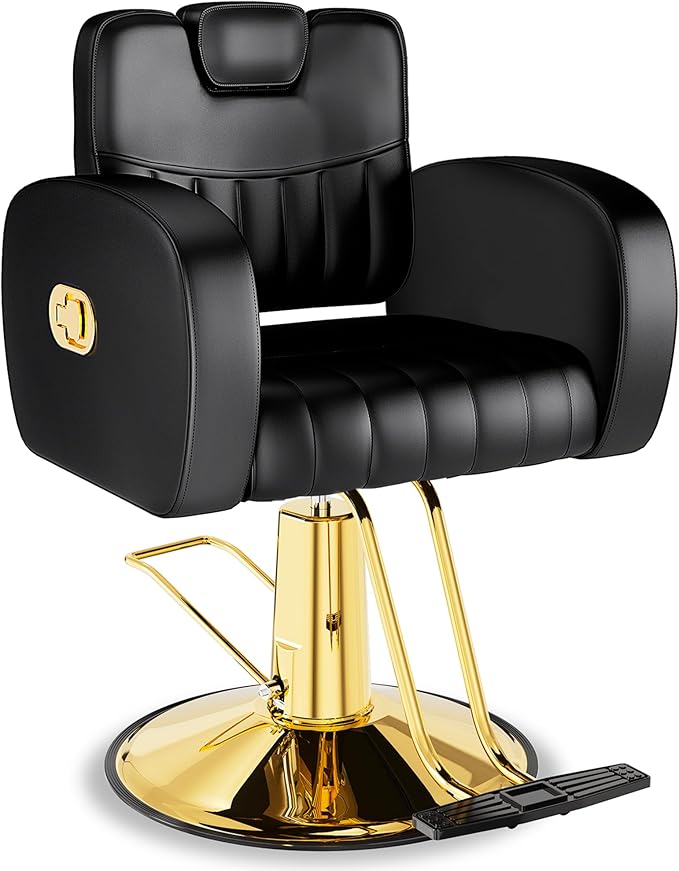 Baasha Black & Gold Reclining Salon Chair - All Purpose Hydraulic Barber Chair with Removable Headrest - Comfortable Styling Chair for Makeup, Lash, Tattoo, Braiding & Shaving, 440 lbs Cap.