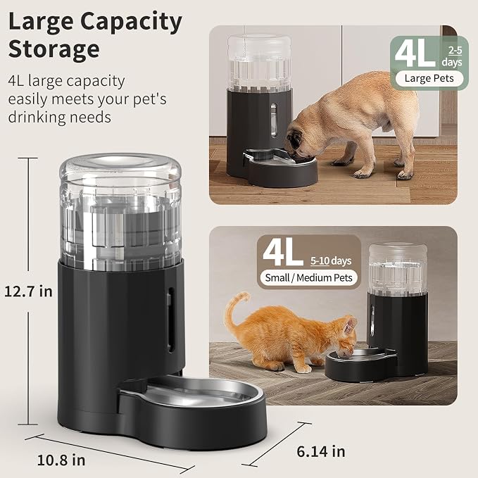 JUNSPOW Cat Water Dispenser with Filter and Stainless Steel Bowl (4L Black) | Automatic Gravity Water Dispenser for Cats or Small Medium Size Dogs, Large Capacity, Easy to Clean
