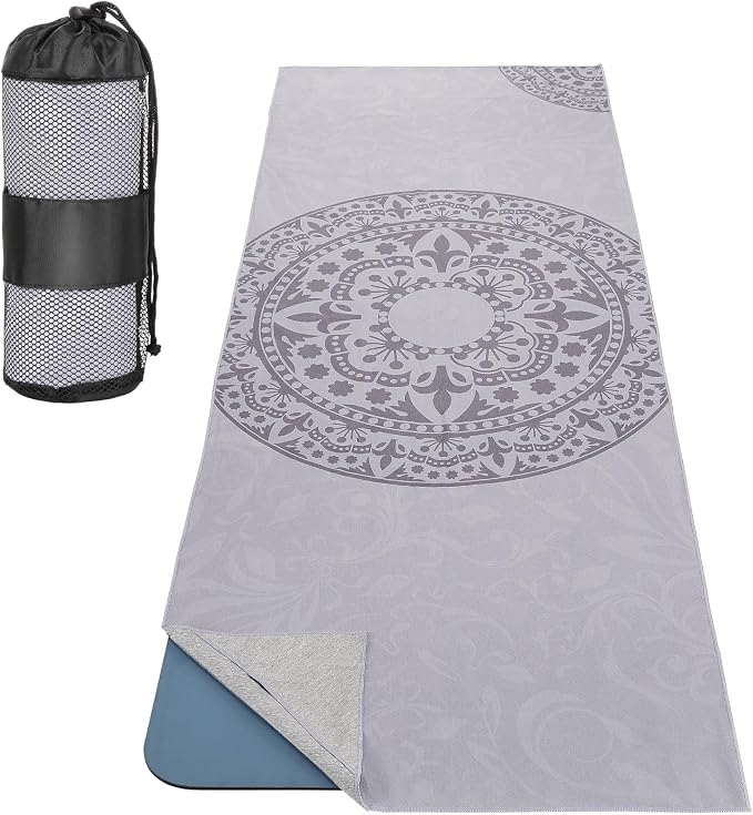 MoKo Yoga Towel, Non Slip Hot Yoga Mat Yoga Blanket Printing Pattern Quick Dry with Corner Pocket for Bikram, Pilates, Gym Workout, Outdoor Picnic, Gray