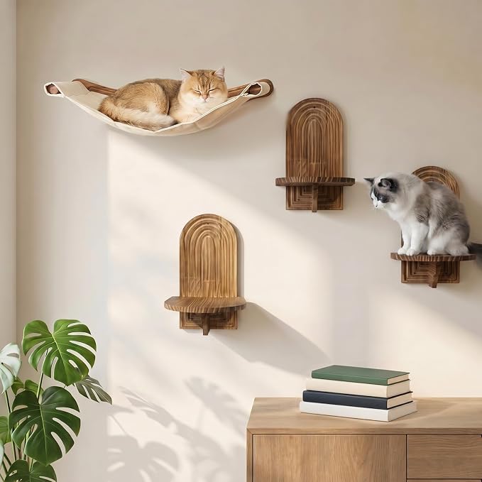 Rustic Cat Wall Shelves, Farmhouse Style Wooden Cat Furniture with Hammock, Space-Saving Cat Climbing System & Floating Perch for Indoor Cats