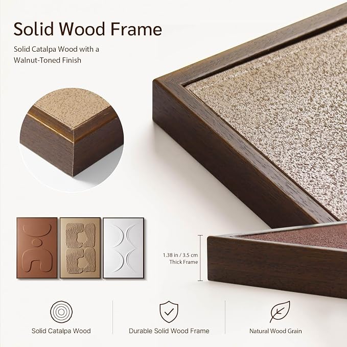 Thalasse Abstract Wall Art Large Framed 3D Ochre Terracotta 24x36 In | Wabi Sabi sandstone artwork, solid Catalpa wood frame, minimalist triptych hallway entryway, set of 3