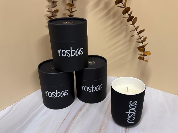 rosbas Vanilla Soy Wax Candle - 8 oz in Ceramic Jar – Clean Burning, Long Lasting, Boxed, Home Fragrance, Black, Made in USA