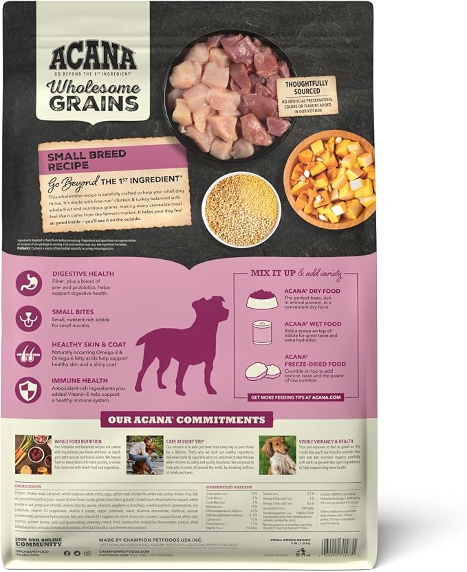 ACANA Wholesome Grains Dry Dog Food Small Breed Recipe 4lb Bag | Made in the USA, Includes Probiotics, Omega-3 Fatty Acids, Free-Run Poultry, Small Breed Dogs, Global Quality Ingredients
