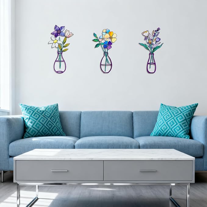 3 Pcs Metal Flowers Wall Arts,Metal Vase Wall Art,Iron Art Painting,Rustic Farmhouse Decor Minimalist Flower Wall Decor for Bedroom Bathroom Living Room Dining Room (Set F)