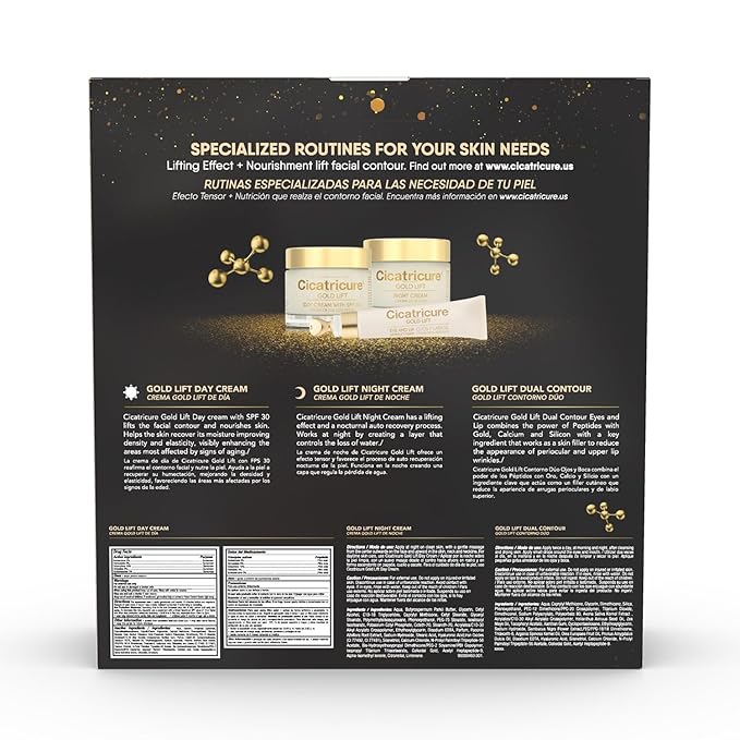 CICATRICURE Gold Lift Anti Gravitational Wrinkles Skin Care Gift Set with Day Anti-Wrinkle Cream + SPF 30, Night Anti-Wrinkle Cream & Dual Contour Eye and Lip Wrinkle Cream, 3 Pack