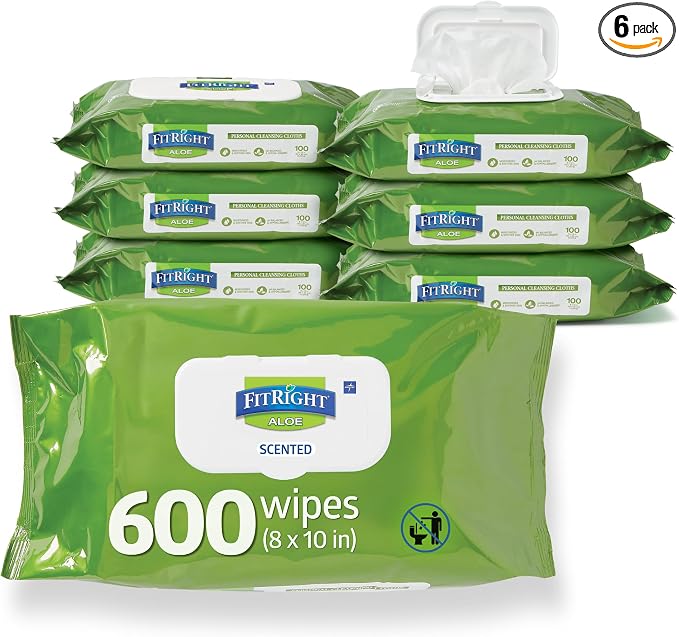 FitRight Personal Cleansing Wipes with Aloe 8x10 Scented 600 Count | Moisturizing Body Wipes for Adults, Incontinence Cleaning, Cloth Wipes for Elderly Care & Bathing