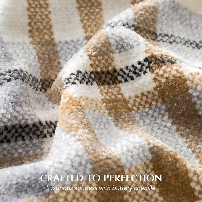 Plaid Chenille Knit Throw Blanket, 60"x80", Grey & Beige | Super Soft Knitted Throw with Tassels, Cozy, Decorative Farmhouse Plaid, Lightweight, Ideal for Couch Bed Gift Home Decor
