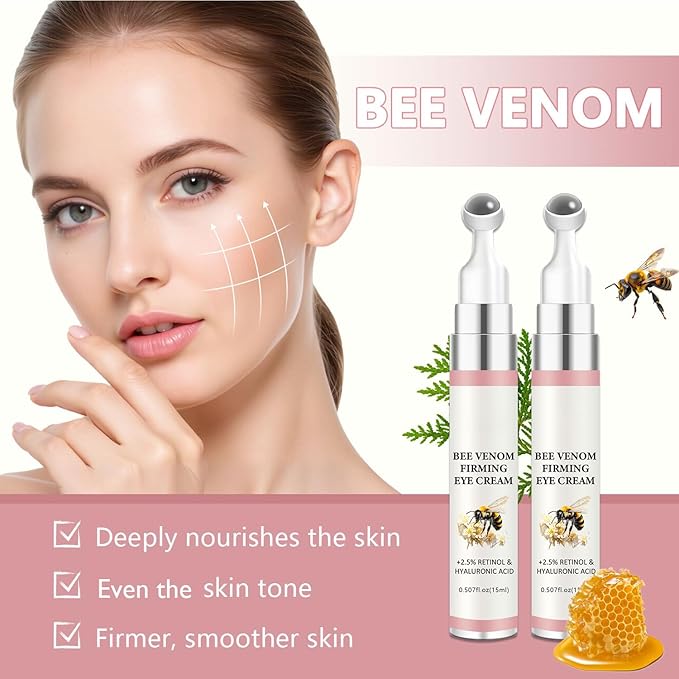 2-in-1 Eye Serum Set - Caffeine & Retinol Eye Cream + Bee Venom & Hyaluronic Acid Eye Serum, 360° Roller for Dark Circles, Puffiness & Fine Lines, Day & Night Duo