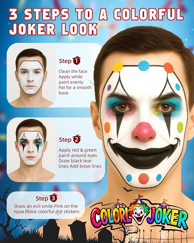 Lictin Black and White Face Body Paint with Green Pink Blue, Colorful Joker Makeup Face Paint, Professional Make Up Kit for Halloween, Costume, Cosplay, Carnivals for Adults & Kids