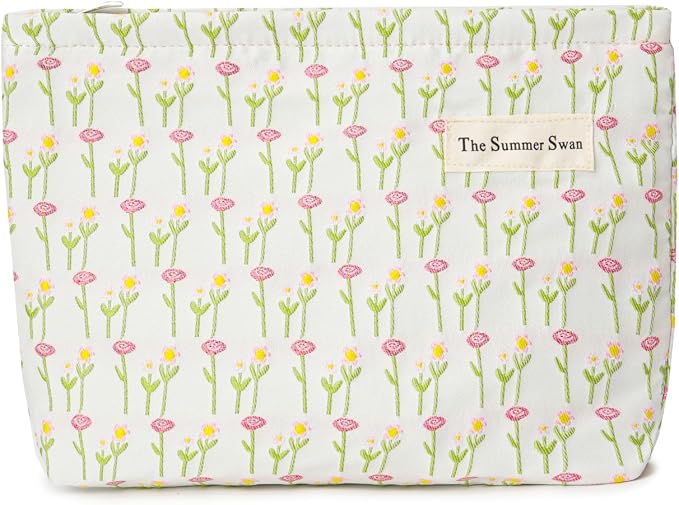 The Summer Swan Large Aesthetic Makeup Bag | Floral Makeup Bag | Mid-Day Clutch | Period Kit Bag | Hygiene Bag | Skincare Bag (Morning Buds)