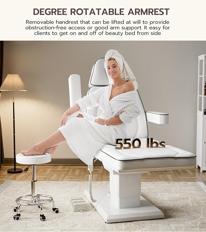 Icoget Fully Electric Esthetician Bed Facial Chair with Stool, 4-Section Tattoo Bed Massage Table w/ 3 Motor Adjustments, Medical Aesthetic Chair for Waxing, Beauty, Microblading, Spa, White