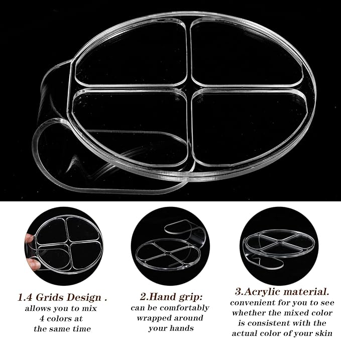 2 Pcs Handheld Acrylic Makeup Palette with 1 Spatula for Foundation, Circular 4 Grid Foundation Mixing Palettes, Clear Handheld Makeup Mixing Palette Nail Art Manicure Tray for Foundations Blending