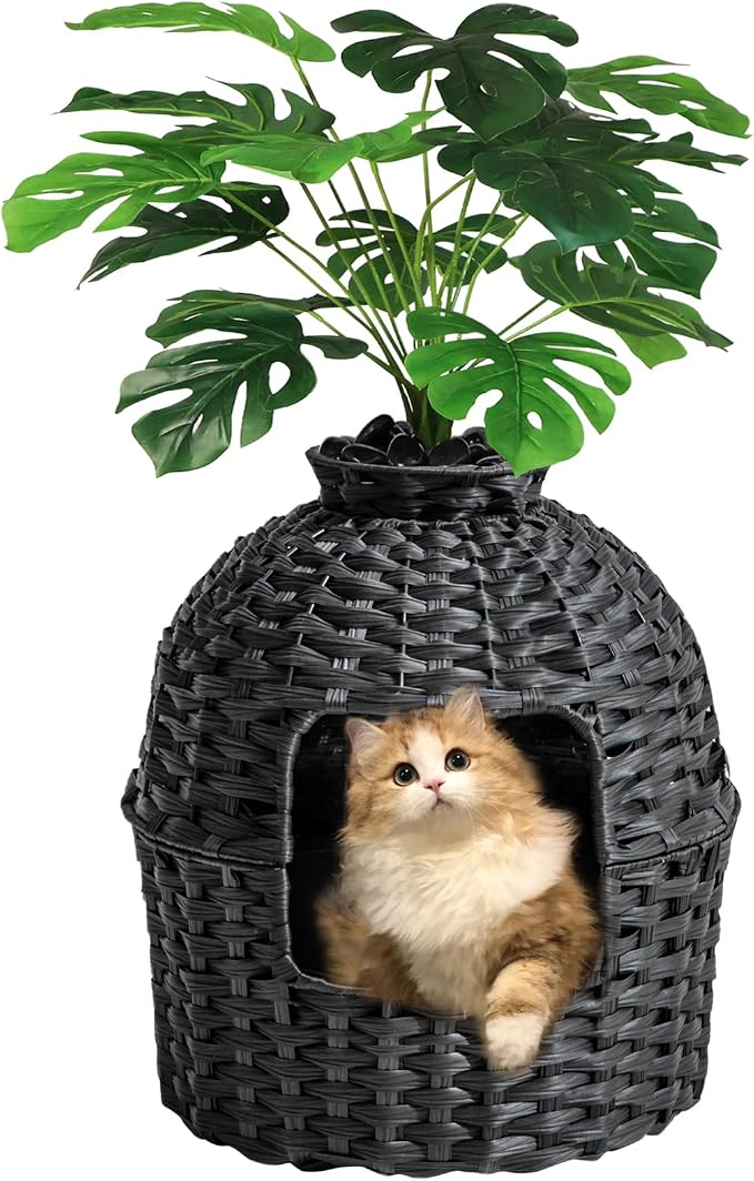 SETVSON Cat Litter Box Plant Furniture Enclosure, PE Rattan House, Black | Decorative Planter Design, Easy Clean, Artificial Plants & Real Stones Included, Private Inner Litter Box, 20" x 20" Compact