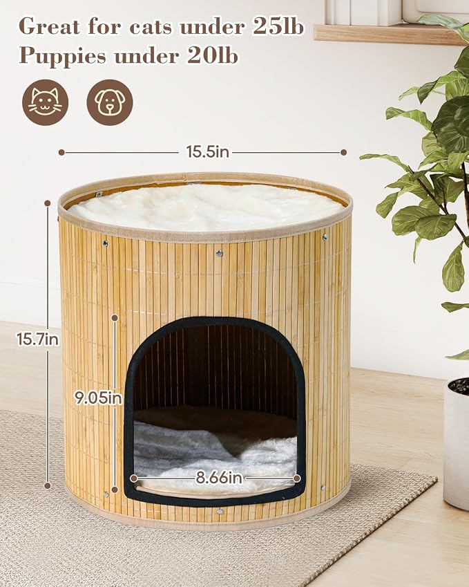 SYANDLVY Large Cat House, Kitten Condo with Bed for Indoor Cats, Portable ﻿ | 2-Tier Foldable Natural Bamboo Cave with Double-Sided Cushion, 15.5"x15.7" Washable Kitten Hideout