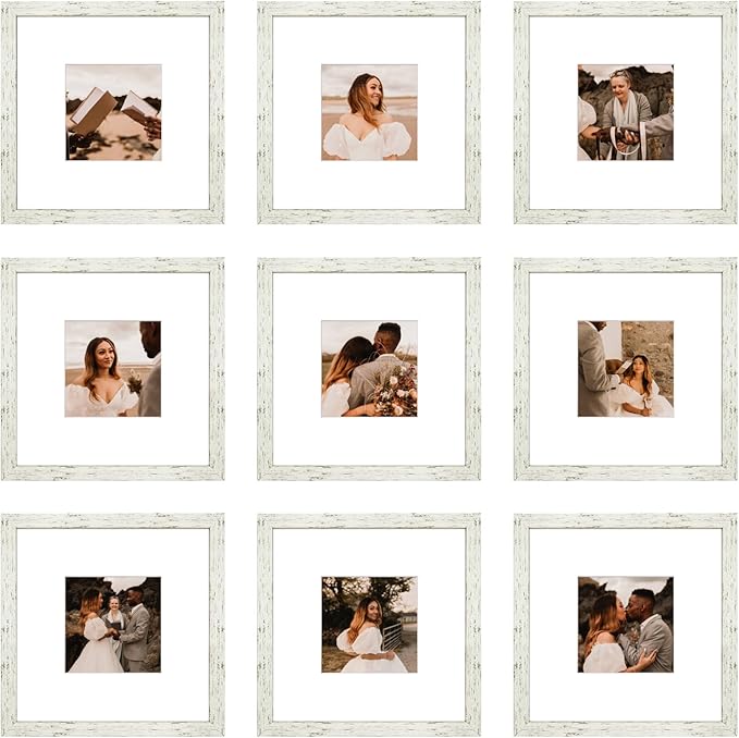8x8 Picture Frame Set of 9, Display Pictures 4x4 with Mat or 8x8 without Mat, Multi Collage Gallery Square Photo Frames for Wall or Tabletop, Distressed White