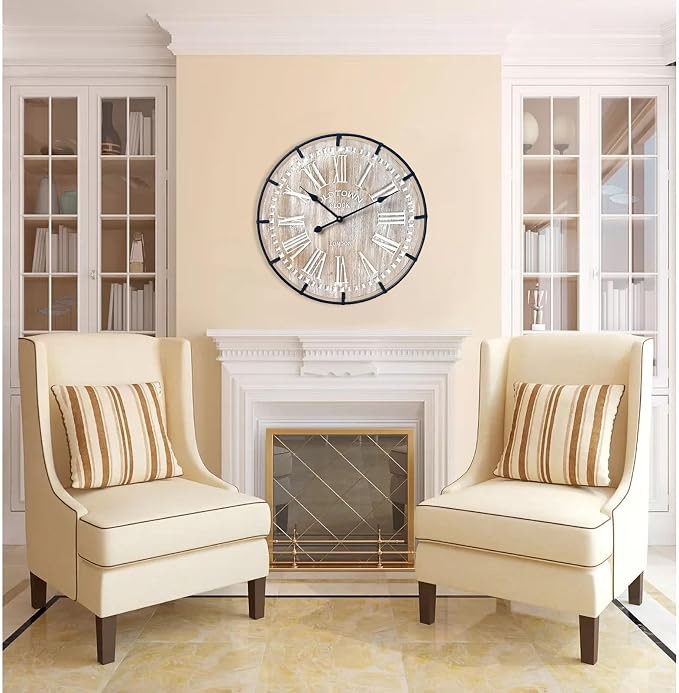 EMAX HOME 24 Inch Large Farmhouse Wall Clock, Rustic Antique Wood with Metal Circle and Large Engraved Numerals, Silent Battery Operated Wall Clock for Office Kitchen Bedroom Living Room