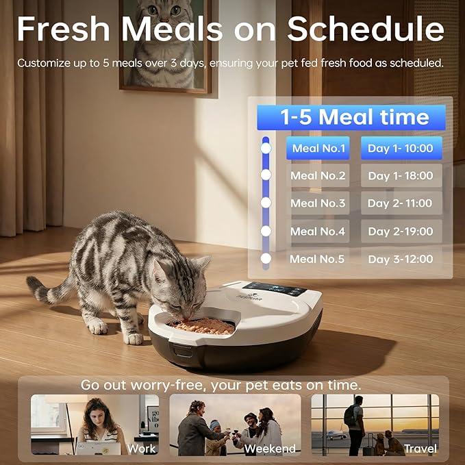 Automatic Wet Food Cat Feeder, 3 Days Freshness 5 Meals Cat Food Dispenser, Semiconductor Cooling & Heating with 304 Stainless Steel Bowl, Programmable Timer Refrigerated Auto Cat Feeder
