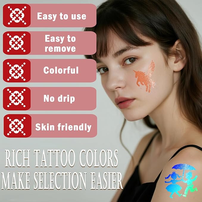 Unicorn Temporary Tattoo Markers for Kids, 8 Metallic Markers and 136+ Temporary Tattoo Stencil Designs for Christmas Favor, Cosmetic Tattoos Pens for Boys and Girls