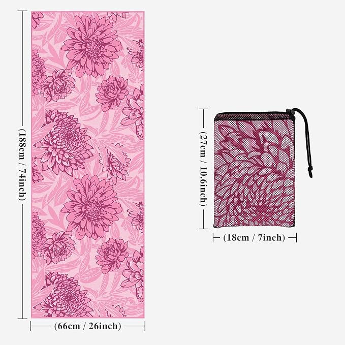 Yoga Towel Hot Yoga Mat Towel with Corner Pockets, 74 x 26 inch, Non-Slip Sweat-Absorbent Soft Microfiber Yoga Blanket for Pilates, Fitness and Workout, Pink