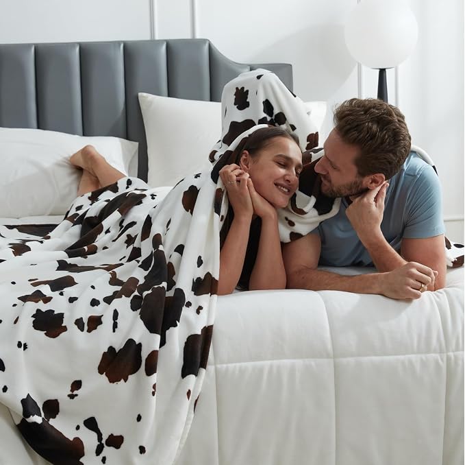 Cozy Bliss Cow Print Throw Blanket for Bed - Super Fuzzy Thick Soft Warm Fleece Blankets for Couch & Room Décor, for Women Men Girls Kids, Dark Brown Queen Size 90"*90"