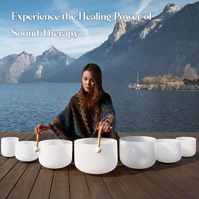 CVNC 432Hz 7-12 Inch Crystal Singing Bowl Set of 7 with 2 Pcs Carrying Case Bag, Frosted Quartz Crystal Sound Bowls for Chakra,Sound Therapy, Meditation Energy