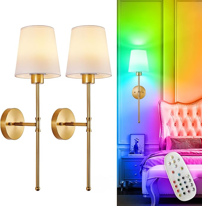 Depuley Battery Operated Wall Sconce: Set of 2 Wireless Wall Lights with Remote for Bedroom - Rechargeable 15 Colors Gold Wall Lamp for Living Room Hallway (Pack of 2)