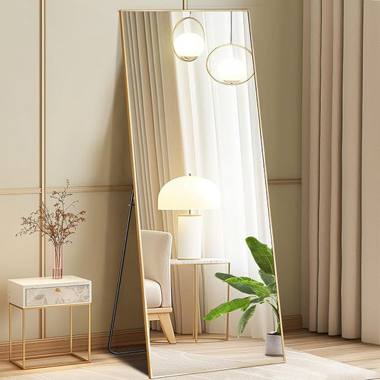 DUMOS 19"x58" Full Length Mirror with Stand, Full Body Floor Mirror | Free Standing or Wall Mount, Nano Glass Aluminum Frame, Hanging or Leaning, Modern Simple Home Decor, Gold