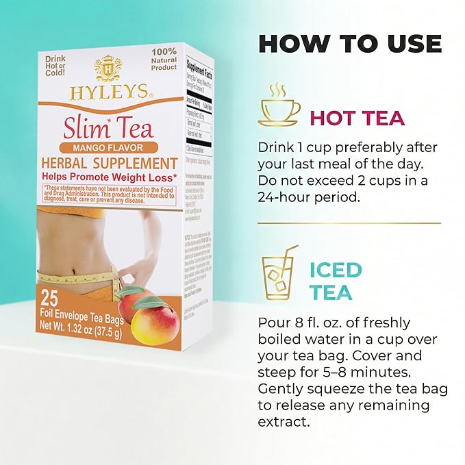 Hyleys Slim Tea Mango Flavor - Weight Loss Herbal Supplement Cleanse and Detox - 25 Tea Bags (12 Pack)