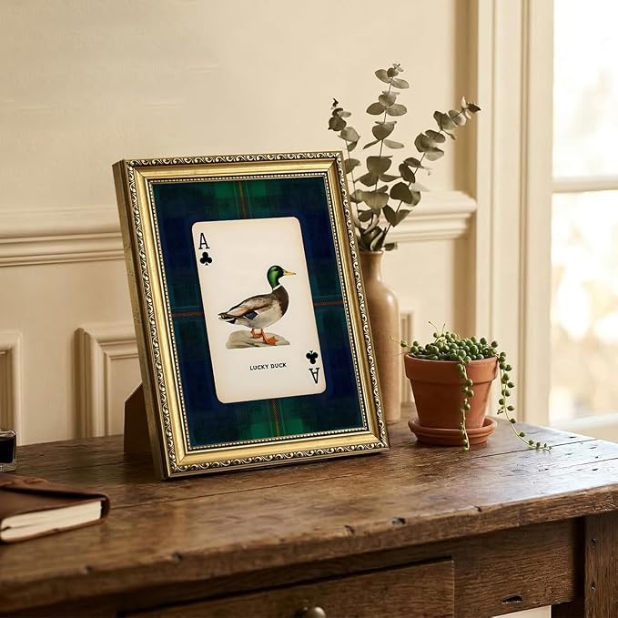 Gold Framed Vintage Mallard Duck Wall Art, Hunting Lucky Duck Wall Decor Picture Dark Wildlife Playing Card Canvas Print Painting for Farmhouse Bedroom Living Room 8x10 inch