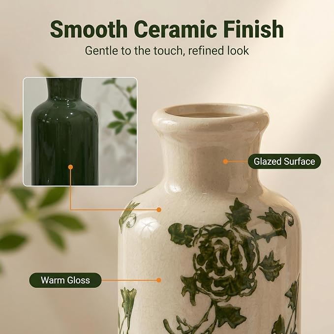 Ceramic Vintage Vase Set of 3, Green and White Crackle Glaze, Chinoiserie Floral Decor for Farmhouse Shelf, Table Centerpiece, Mantel, Living Room & Office